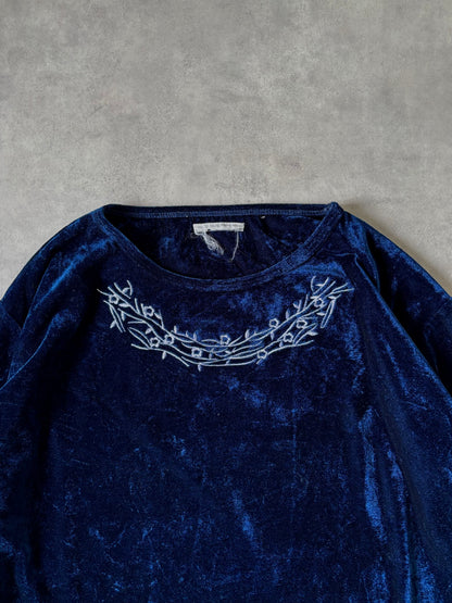 ネイビー×ホワイトフラワー刺繍ベロアトップス