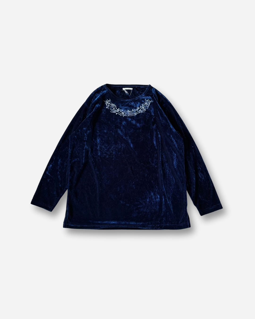 ネイビー×ホワイトフラワー刺繍ベロアトップス