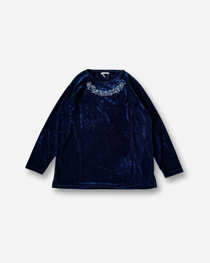 ネイビー×ホワイトフラワー刺繍ベロアトップス