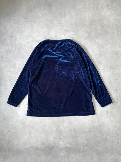 ネイビー×ホワイトフラワー刺繍ベロアトップス